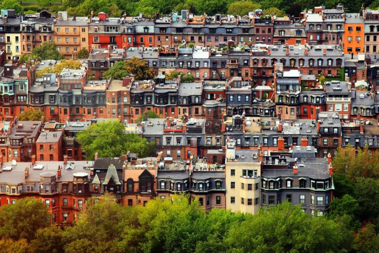 Aerial view across the rooftops of Back Bay's Victorian brownstones in Boston.