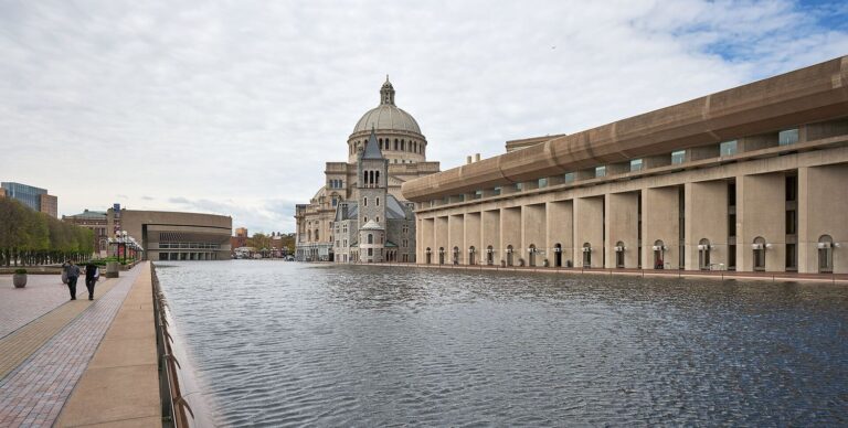 The long reflecting pool at the Christian Science Plaza in Boston with the domed Mother Church beyond.