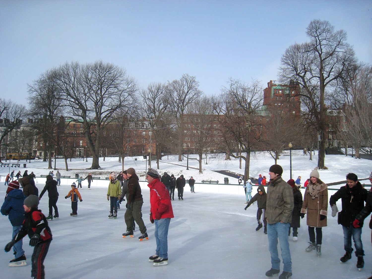 Skaters of all ages on the Frog Pond rink on Boston Common in winter, with snow on the ground, bare trees and the brick buildings of Beacon Hill behind.