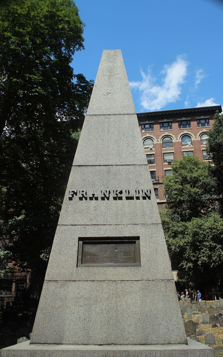 The granite Franklin obelisk standing among slate headstones in the Granary Burying Ground, with a brick building behind it and a small group of visitors at the far side.