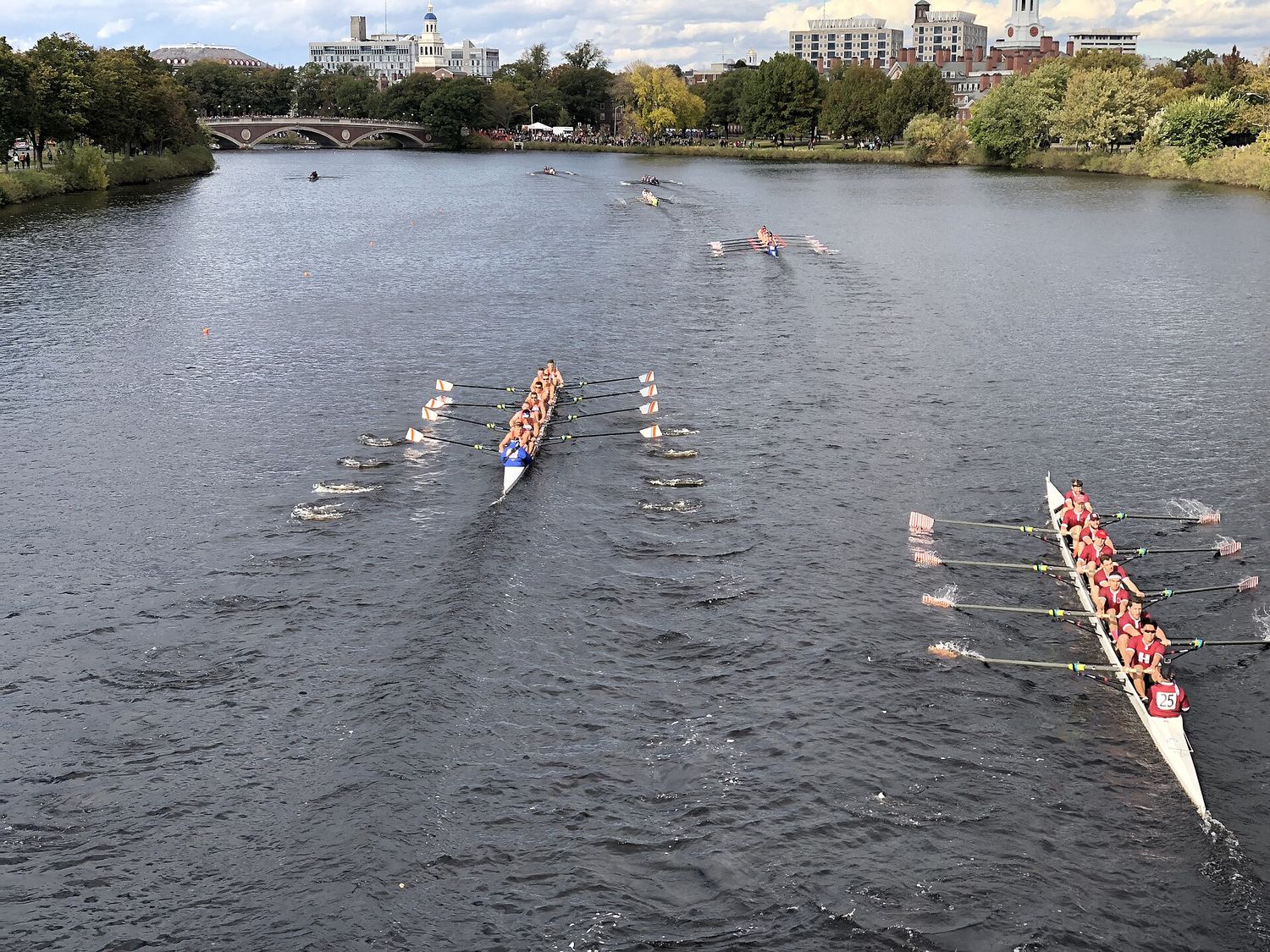Two eight-oared racing shells passing on the Charles River during the Head of the Charles Regatta, with Weeks Footbridge and the Harvard campus behind them.