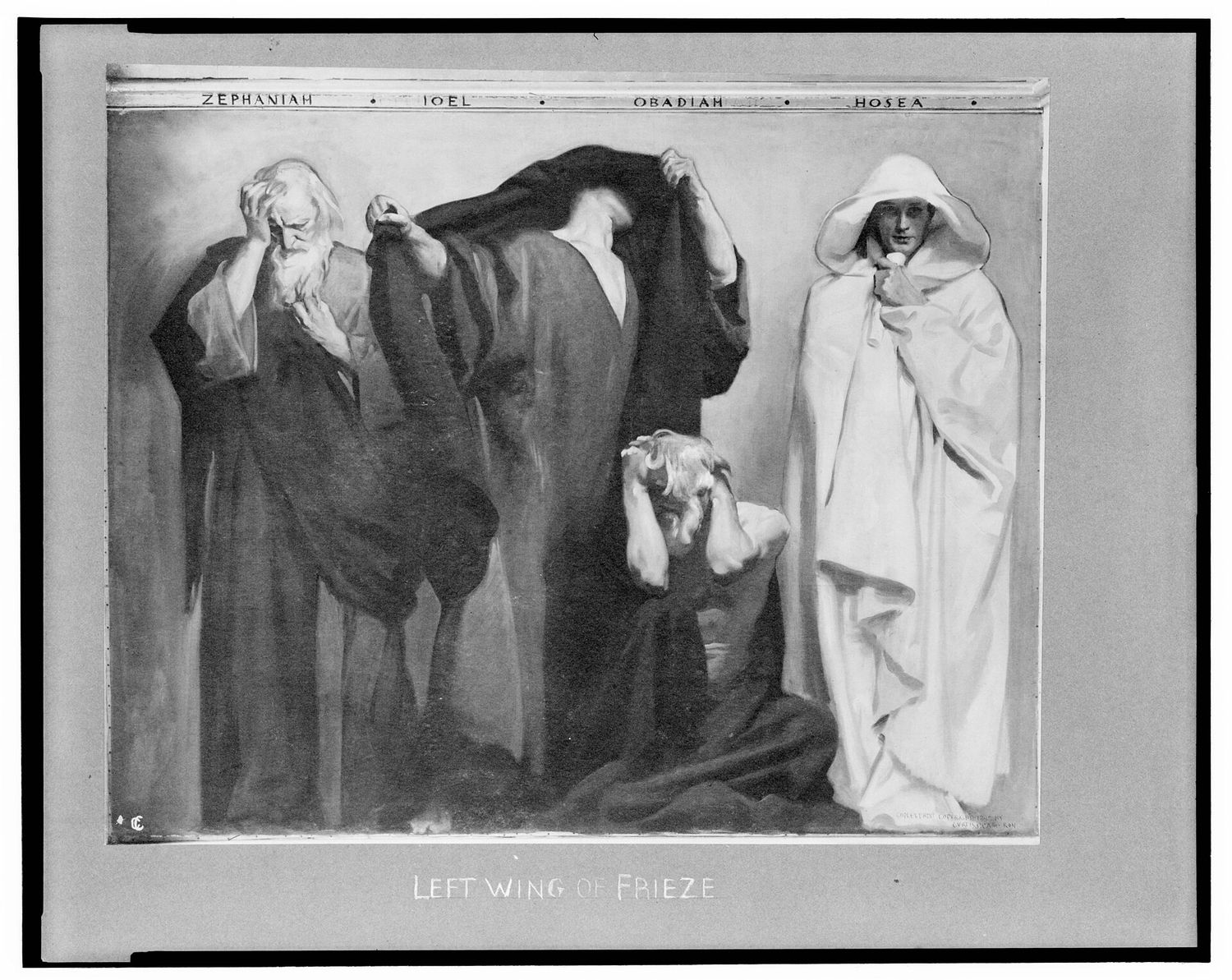 A photographic reproduction of the left wing of John Singer Sargent's Frieze of the Prophets, showing four robed prophets labeled Zephaniah, Joel, Obadiah and Hosea, one of them in a white hooded cloak.