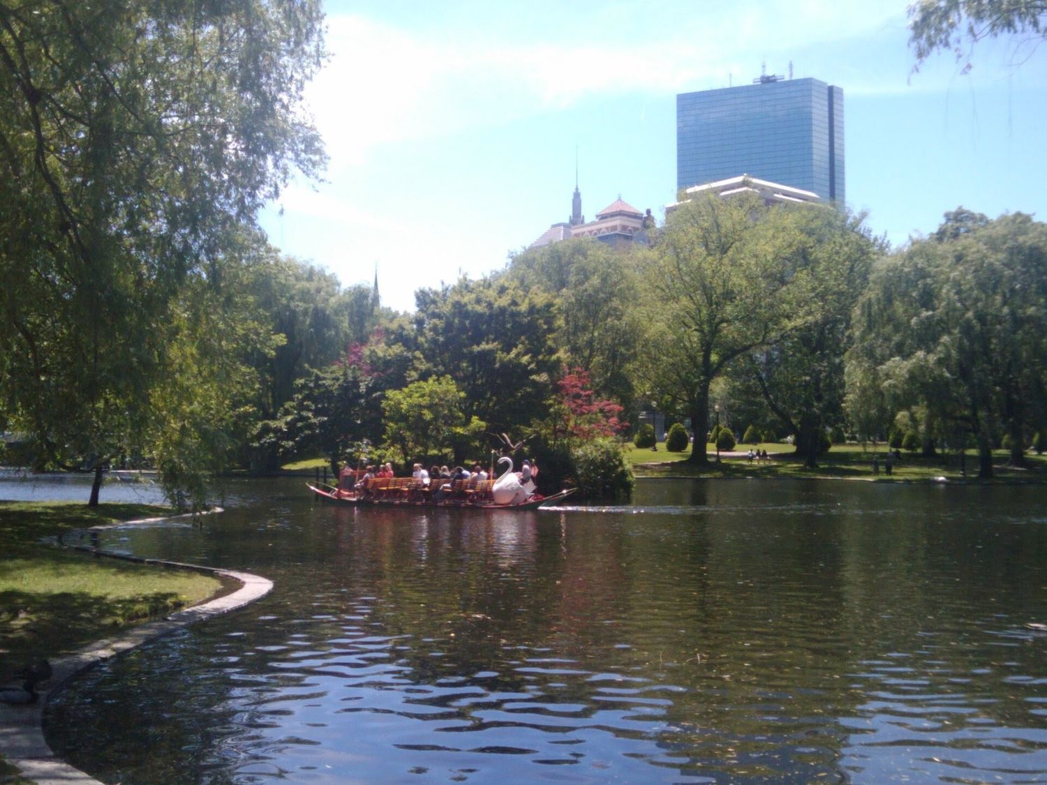 A Swan Boat carrying a full load of passengers across the Public Garden lagoon, past willows and a small wooded island, with a Back Bay tower rising beyond the trees.